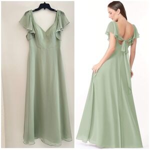 Azazie Syenna Dusty Sage Bridesmaid Dress A8 Chiffon Flutter Sleeve Tie Back
